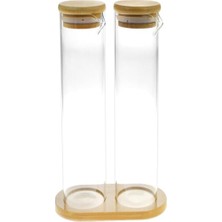 LE10 Sızdırmaz Borosilikat Premium 2 Li Ahşap Bambu Yağdanlık Set 280ML Sirkelik Yağlık Cam 3 Lü Set Sıvı Yağ, Zeytinyağı Masaüstü, Mutfak, Tezgahüstü, Sosluk