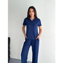 Osy Modal Yumuşak Dokulu Kumaş Kısa Kollu Yakalı T-Shirt Pantalon Ikili Takım- Lacivert