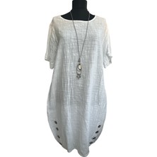 Pamuk Keten Düğme Detaylı Rahat Elbise