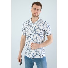 Erkek Slim Fit Kesim Çapa Desenli Dijital Baskılı Apaş Yaka Pamuklu Kısa Kol Gömlek