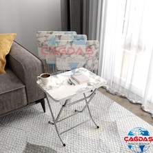 Avenza Katlanabilir Beyaz Mermer Zigon 4'lü Sehpa Takım Paslanmaz Gri Metal Ayaklı 35X45