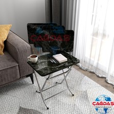 Avenza Katlanabilir Siyah Mermer Zigon 4'lü Sehpa Takım Paslanmaz Gri Metal Ayaklı 35 x 45