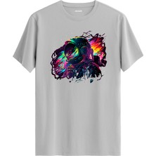 Colermi Renkli Astronot Baskılı  Gri  Pamuk Tişört