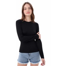 Kadın Siyah Bisiklet Yaka Uzun Kollu Viskon Basic Body