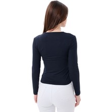 Kadın Lacivert Bisiklet Yaka Uzun Kollu Viskon Basic Body