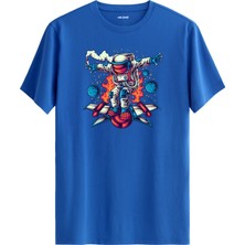 Colermi Roket Üzerinde Astronot Baskılı  Mavi  Pamuk Tişört