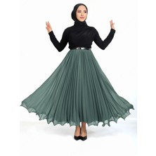 Kemerli Volanlı Pliseli Şifon Etek