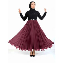 Kemerli Volanlı Pliseli Şifon Etek