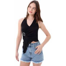 Kadın Siyah Tokalı Boyundan Bağlamalı Drapeli Viskon Bluz