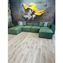 Erduran Mobilya Angelo 4 Modül + 2 Puf Köşe Koltuk Takımı Bayb Face Kadife Yeşili Takım