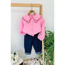 Miniğimin Cicileri Kalp Işleme Detaylı Kot Pantolonlu Kız Çocuk 2 li takım - Pembe