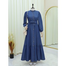 Boydan Düğmeli Eteği Fırfırlı Kot Elbise