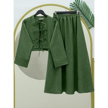 Önü Bağcıklı Beli Lastikli Etekli Keten Takım