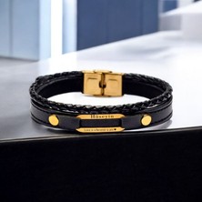 14 Ayar Plakalı Altın Erkeklere Özel Aşk Temalı Oval Figürlü Özgün Derili Isim Bilekliği-391İsim-Siyah