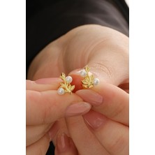 Gümüş Altın Yaldızlı Incili Sarmaşık Küpe SGTL12842GOLD