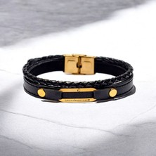 14 Ayar Altın Plakalı Aşk Temalı Oval Motifli Derili Erkeklere Özel Harf Bilekliği-391Harf-Siyah