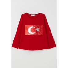 Breeze Kız Çocuk Uzun Kollu Tişört Pullu Ay Yıldız 4-14 Yaş, Kırmızı