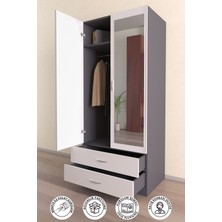 Hediyeler Kapında Aynalı 2 Kapaklı Gardırop 5 Raflı 2 Çekmeceli Askılı Elbise Dolabı Beyaz Antrasit