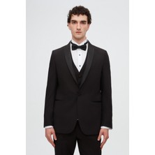 Twn Slim Fit Siyah Düz Damatlık & Smokin Yelekli Takim Elbise 4ESY54701527M