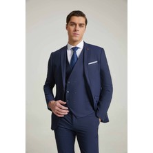 Twn Slim Fit Lacivert Armürlü Mono Yaka Viskonlu Takim Elbise Yelekli