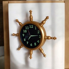 Fosforlu Gold Metal Ahşap Gemici Denizci Dümen Duvar Saati 34  cm