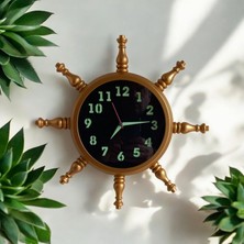 Fosforlu Gold Metal Ahşap Gemici Denizci Dümen Duvar Saati 34  cm