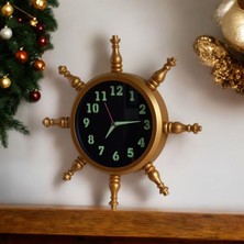 Fosforlu Gold Metal Ahşap Gemici Denizci Dümen Duvar Saati 34  cm