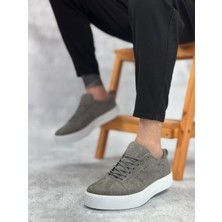 Pabucmarketi Bağcıklı Erkek Spor Ayakkabı Gri Süet (Beyaz Taban)