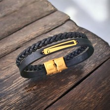 14 Ayar Altın Plakalı Dekoratif Dikdörtgen Motifli Özgün Derili Erkeklere Özel Harf Bilekliği-393Harf-Siyah