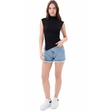 Kadın Siyah Dik Yaka Kısa Kollu Büzgü/Drape Detaylı Fitted/Vücuda Oturan Asimetrik Örme Bluz