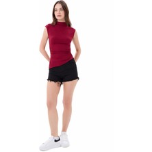 Kadın Bordo Dik Yaka Kısa Kollu Büzgü/Drape Detaylı Fitted/Vücuda Oturan Asimetrik Örme Bluz