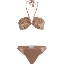 Aquella V Aksesuarlı Lame Gold Straplez Bikini Takım