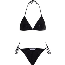 Aquella Dokulu Siyah Üçgen Bikini Takım
