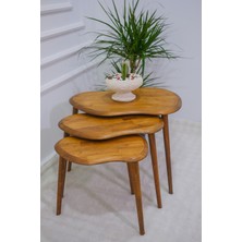 Masif Doğal Ahşap Zigon Sehpa 3'lü Set, Modern Masif Yan Sehpa