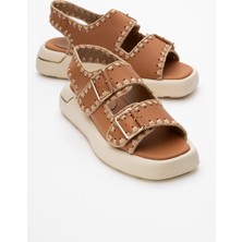 Luvi Douro Taba Cilt Hakiki Deri Ip Örme Detaylı Kadın Sandalet