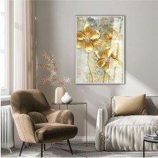 Harikabirev|gold Çiçek Modeli 01 |çerçeveli Temperli Cam Tablo Tekli Dikey