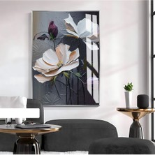 mor Krem Renkli Çiçekli Model 1|çerçeveli Temperli Cam Tablo Tekli Dikey