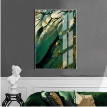 yeşil-Gold Kuş Tüyü Desenli Model |çerçeveli Temperli Cam Tablo Tekli Dikey