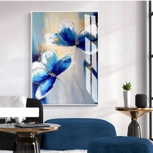 lacivert-Gri Çiçek Model Iı |çerçeveli Temperli Cam Tablo Tekli Dikey