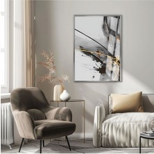 Harikabirev|gri-Gold Soyut Çiçek Minimal Model 01 |çerçeveli Temperli Cam Tablo Tekli Dikey