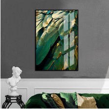 yeşil-Gold Kuş Tüyü Desenli Model |çerçeveli Temperli Cam Tablo Tekli Dikey
