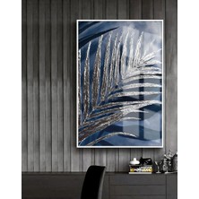 gümüş-Mavi Yaprak  Modeli |çerçeveli Temperli Cam Tablo Tekli Dikey