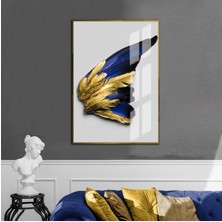 mavi-Gold-Gri Kelebek Kanadı Soyut Model|çerçeveli Temperli Cam Tablo Tekli Dikey
