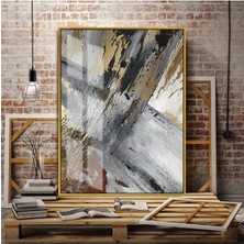 gri-Gold Soyut Şekil 01 |çerçeveli Temperli Cam Tablo Tekli Dikey