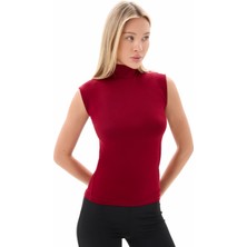 Bordo Kadın Yarım Balıkçı Yaka Viskon Likralı Kolsuz Body