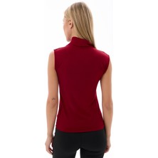 Bordo Kadın Yarım Balıkçı Yaka Viskon Likralı Kolsuz Body