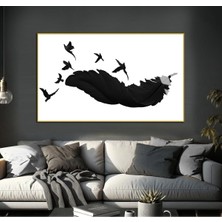siyah-Beyaz Kuş Detaylı Tüy Modeli |çerçeveli Temperli Cam Tablo Tekli Yatay