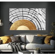 gri-Gold Etnik Soyut Modeli |çerçeveli Temperli Cam Tablo Tekli Yatay