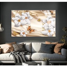 krem-Gold Çiçekler Modeli |çerçeveli Temperli Cam Tablo Tekli Yatay