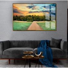 yaz Manzaralı Mavi Tropikal Manzara Model 1|çerçeveli Temperli Cam Tablo Tekli Yatay